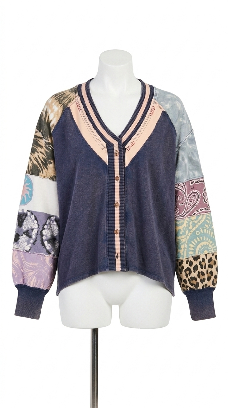 NEW FREE PEOPLE marley tee mix print top in navy combo